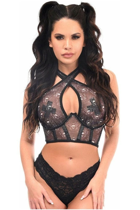 Lavish White Skulls Print Mesh Underwire Cincher w/Built In Halter Top - Daisy Corsets