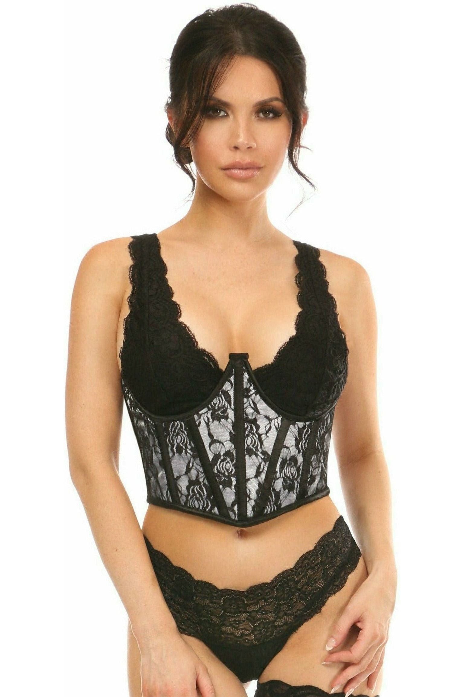 Lavish White w/Black Lace Overlay Open Cup Waist Cincher - Daisy Corsets
