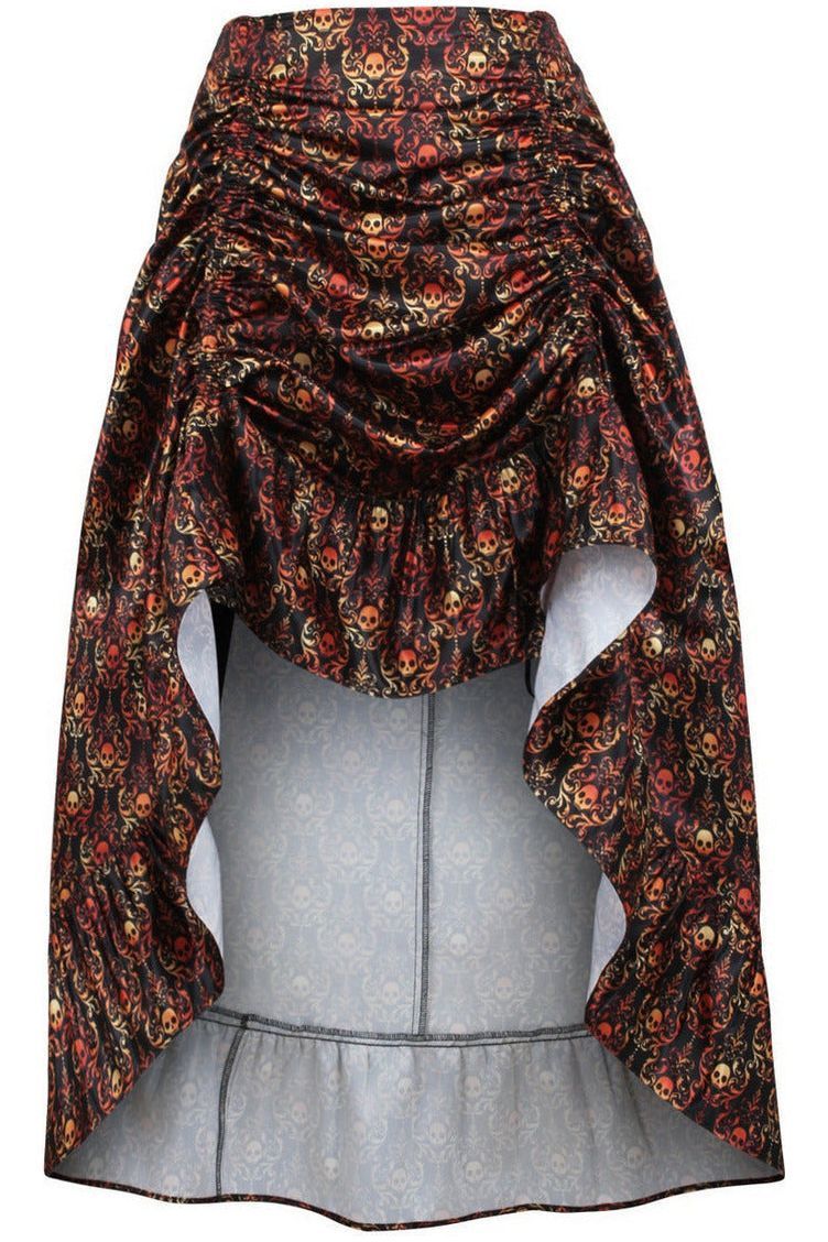 Orange & Black Skull Satin Adjustable High Low Skirt - Daisy Corsets