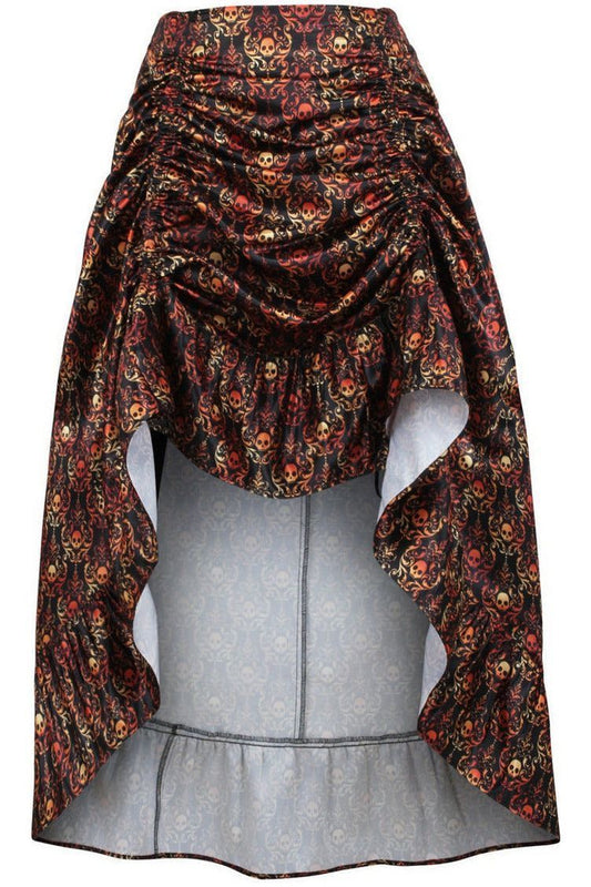 Orange & Black Skull Satin Adjustable High Low Skirt - Daisy Corsets