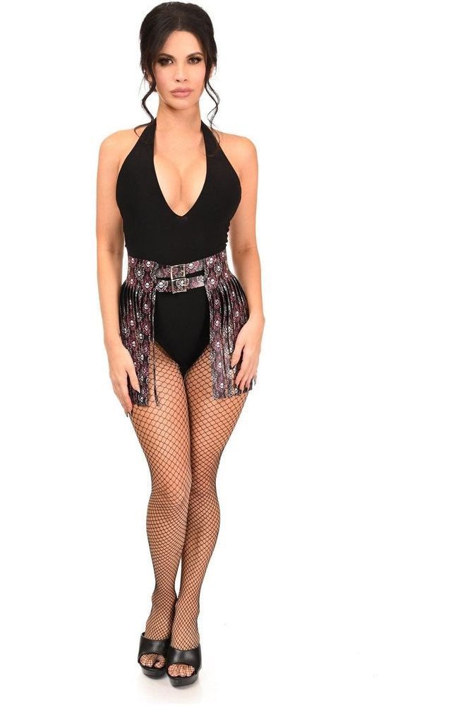 Pink & White Skulls Faux Leather Fringe Skirt - Daisy Corsets