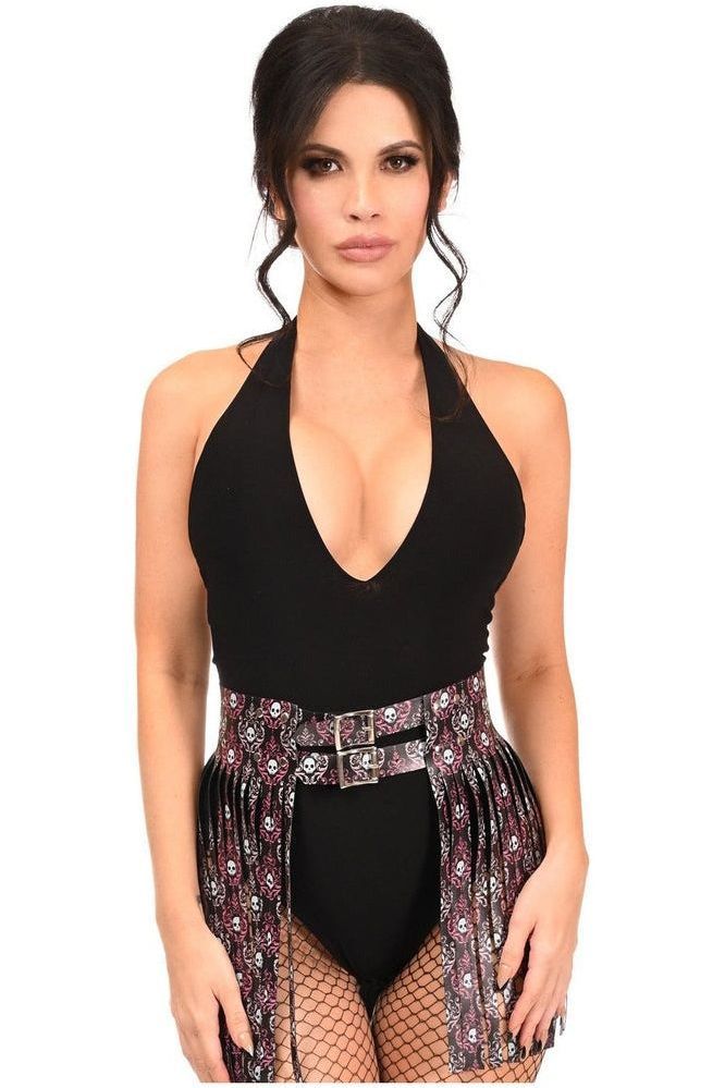 Pink & White Skulls Faux Leather Fringe Skirt - Daisy Corsets