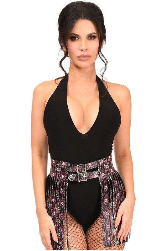 Pink & White Skulls Faux Leather Fringe Skirt - Daisy Corsets