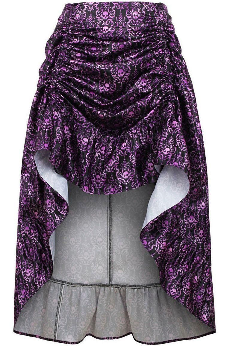 Purple & Black Skull Satin Adjustable High Low Skirt - Daisy Corsets