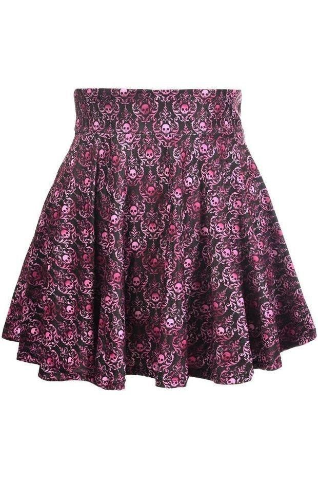 Purple Skulls Gothic Print Stretch Lycra Skirt - Daisy Corsets
