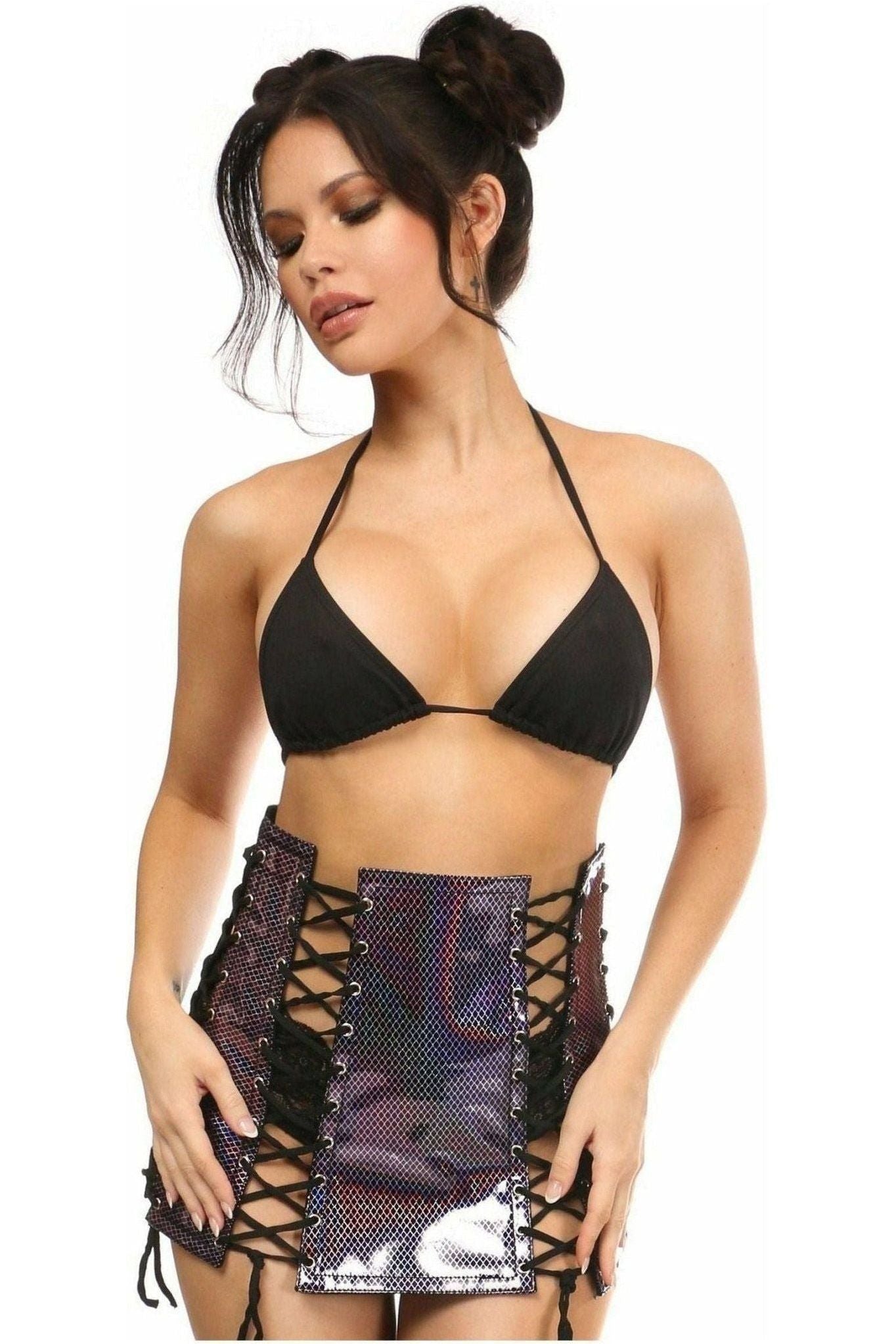 Rainbow Fishnet Pattern PVC Lace - Up Skirt - Daisy Corsets