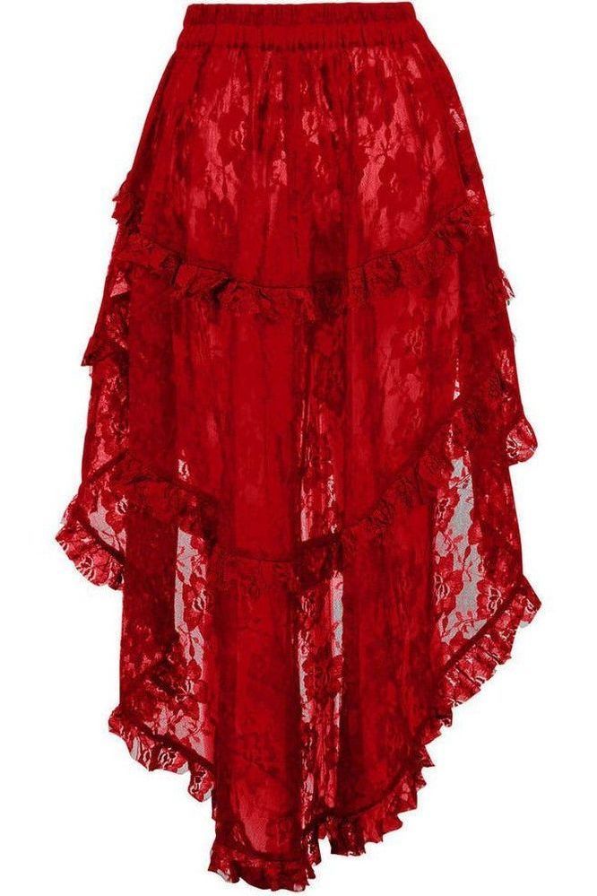 Red Lace Ruched Front High Low Lace Skirt - Daisy Corsets