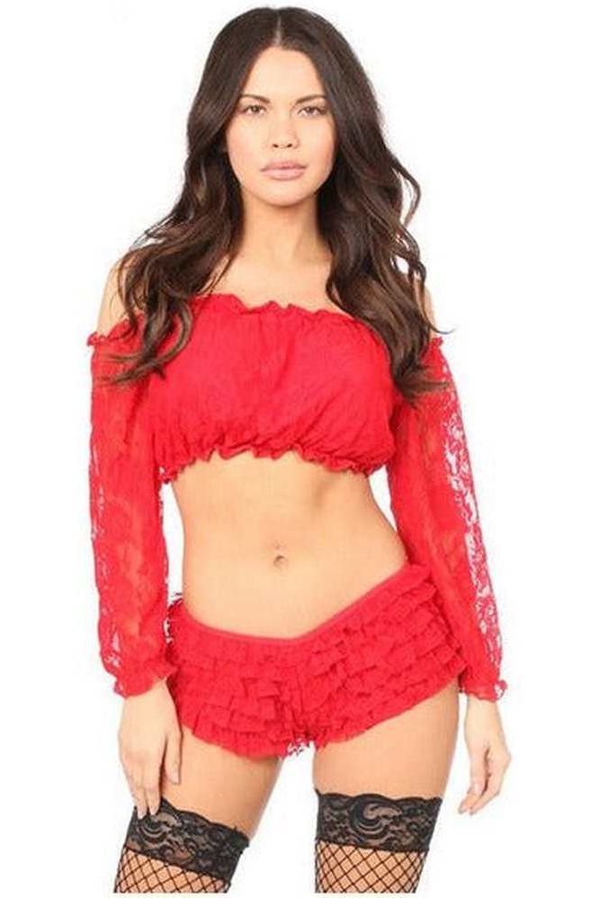 Red Lined Lace Long Sleeve Peasant Top - Daisy Corsets