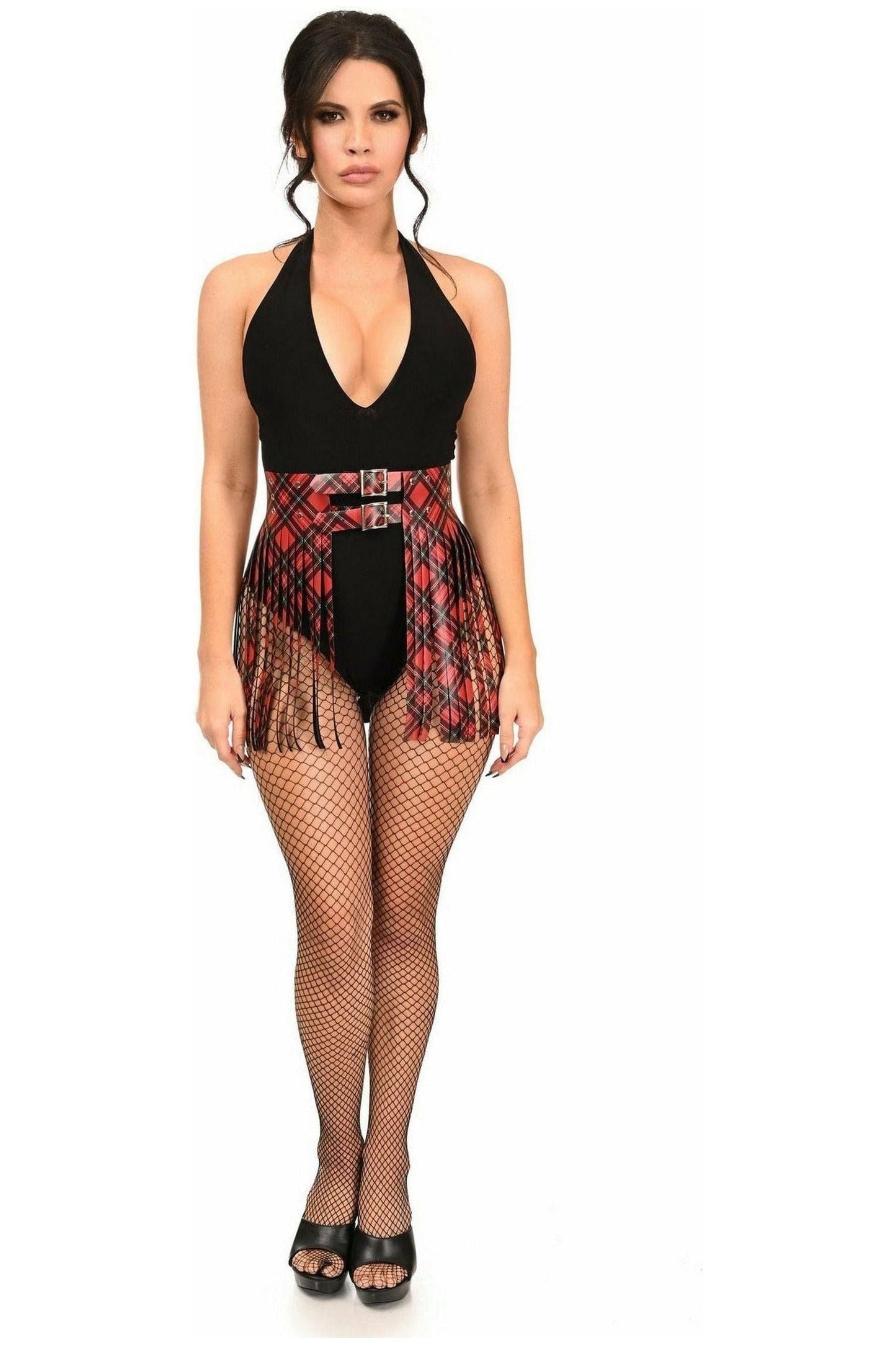 Red Plaid Faux Leather Fringe Skirt - Daisy Corsets