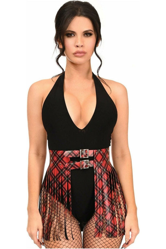 Red Plaid Faux Leather Fringe Skirt - Daisy Corsets
