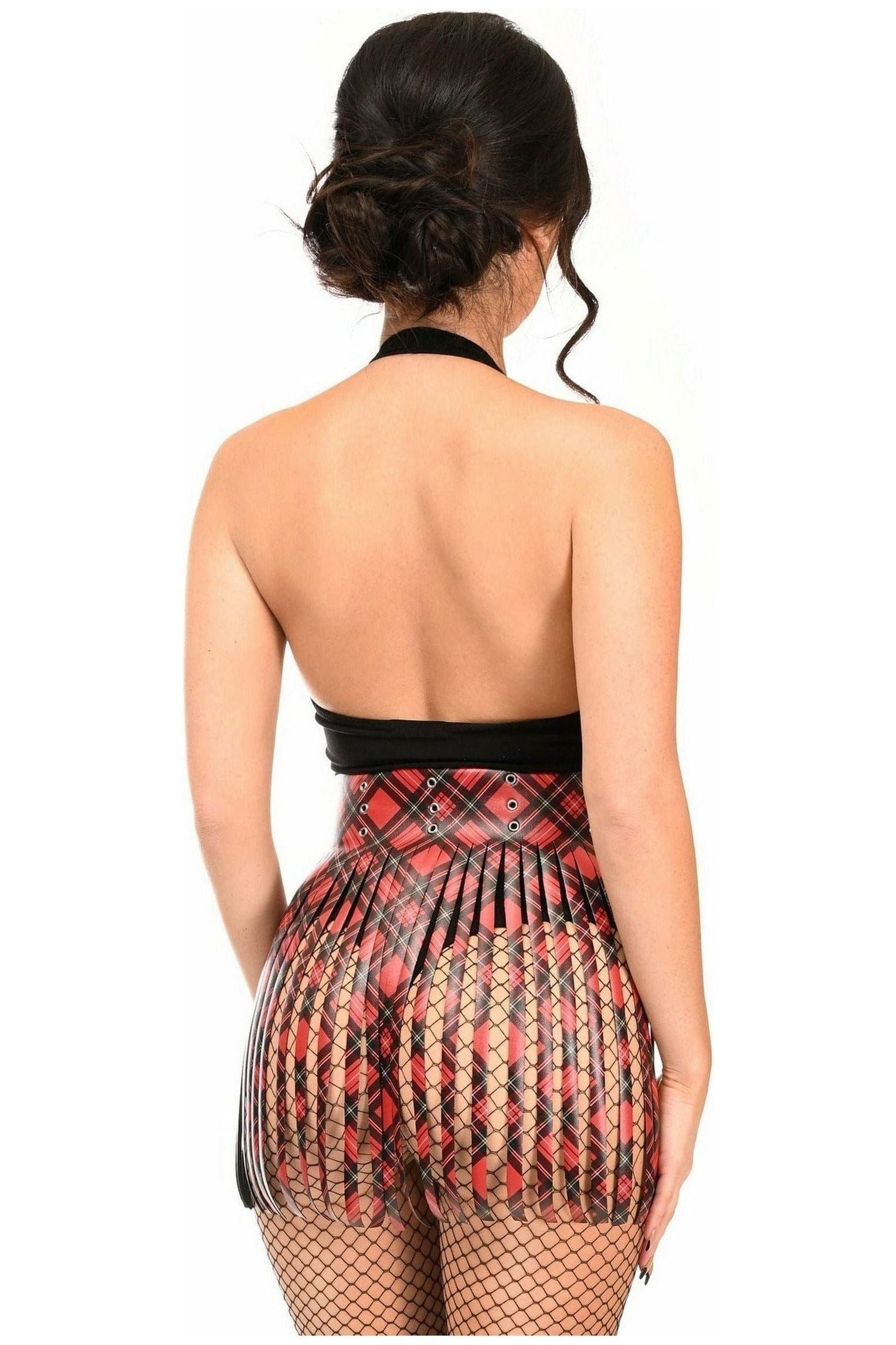 Red Plaid Faux Leather Fringe Skirt - Daisy Corsets