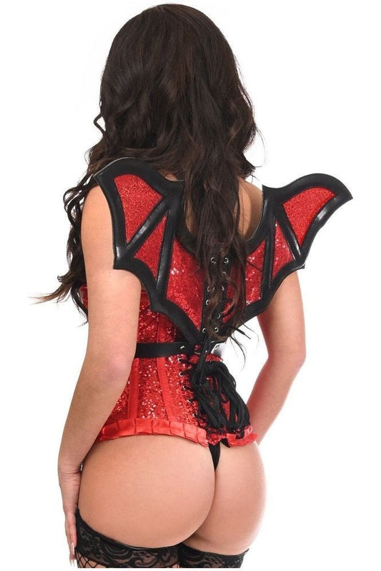 Red Sequin w/Black Faux Leather Bat Wings Body Harness - Daisy Corsets