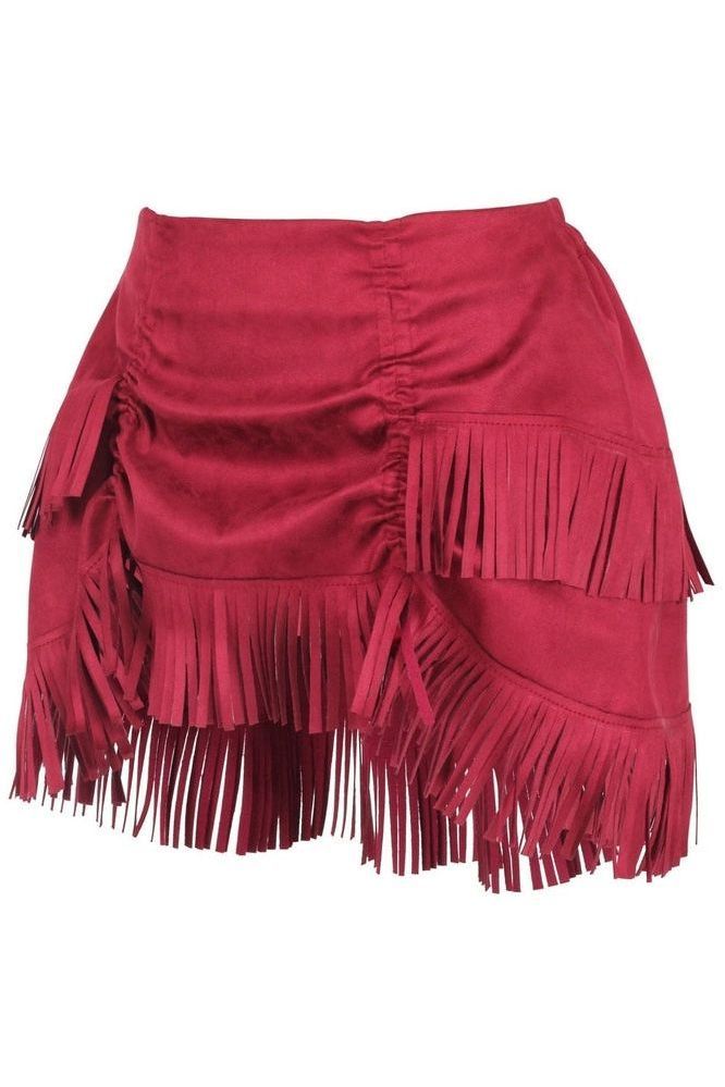 Red Suede Ruched Bustle Skirt w/Fringe - Daisy Corsets