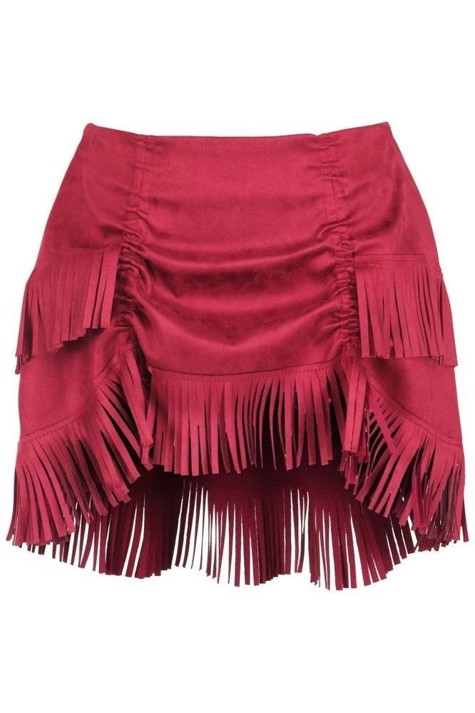 Red Suede Ruched Bustle Skirt w/Fringe - Daisy Corsets