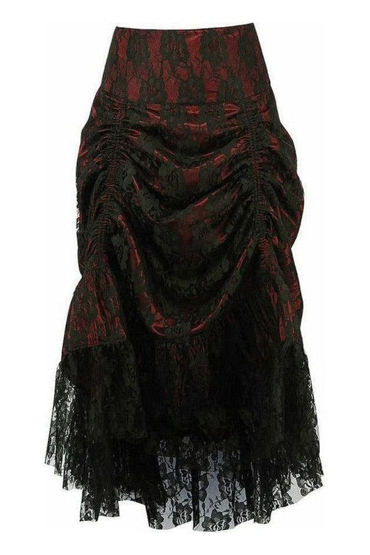 Red w/Black Lace Overlay Ruched Bustle Skirt - Daisy Corsets