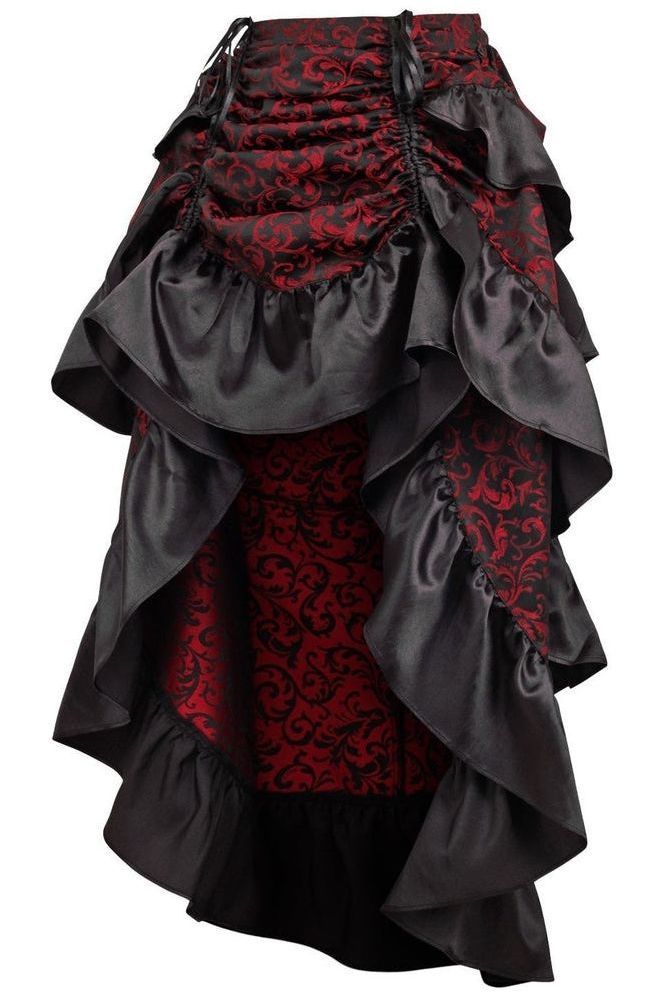 Red/Black Brocade Adjustable High Low Bustle Skirt - Daisy Corsets
