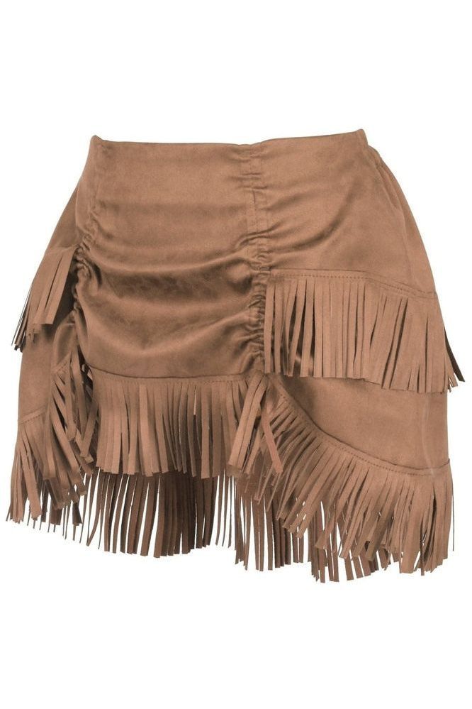 Tan Suede Ruched Bustle Skirt w/Fringe - Daisy Corsets