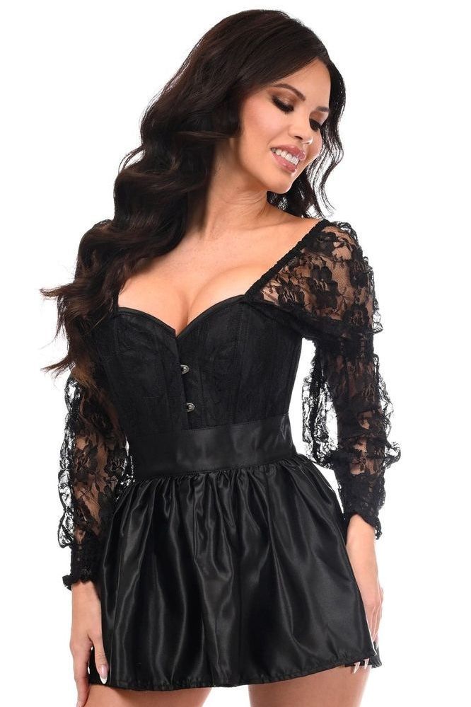Top Drawer 2 PC Black Lace Steel Boned Corset & Satin Skirt Set - Daisy Corsets