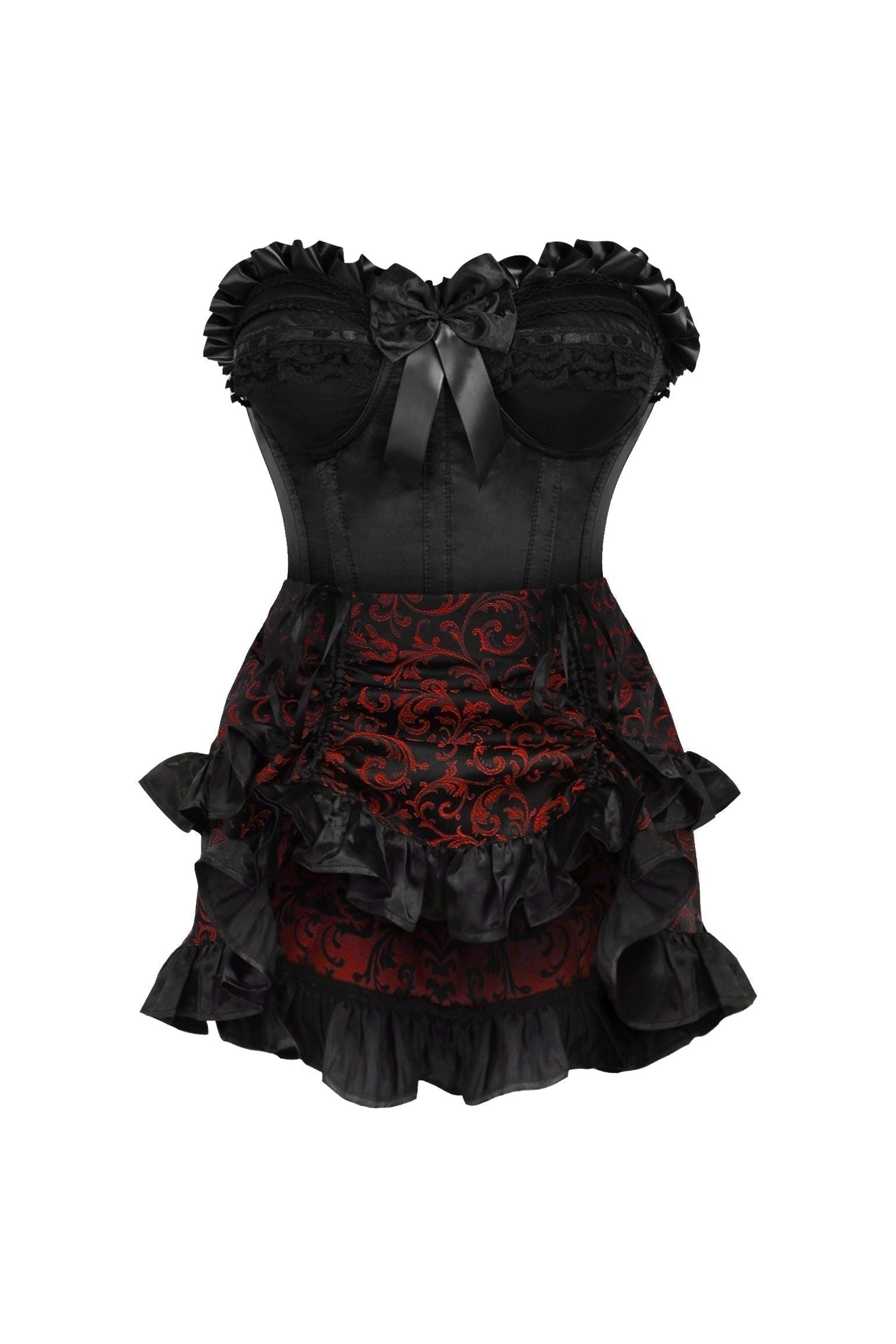 Top Drawer 2 PC Black Satin Steel Boned Burlesque Corset & Gold Brocade Skirt Set - Daisy Corsets