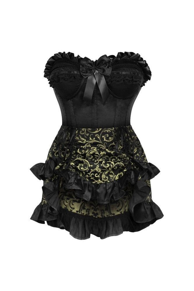 Top Drawer 2 PC Black Satin Steel Boned Burlesque Corset & Gold Brocade Skirt Set - Daisy Corsets