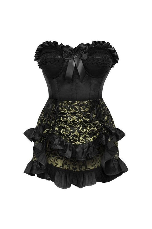 Top Drawer 2 PC Black Satin Steel Boned Burlesque Corset & Gold Brocade Skirt Set - Daisy Corsets