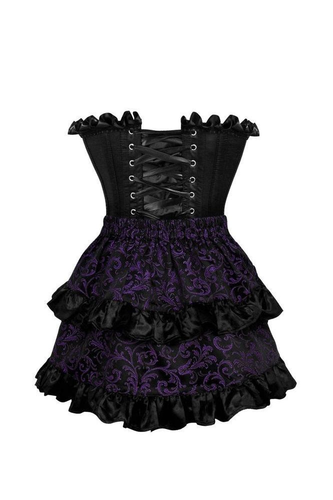 Top Drawer 2 PC Black Satin Steel Boned Burlesque Corset & Purple Brocade Skirt Set - Daisy Corsets