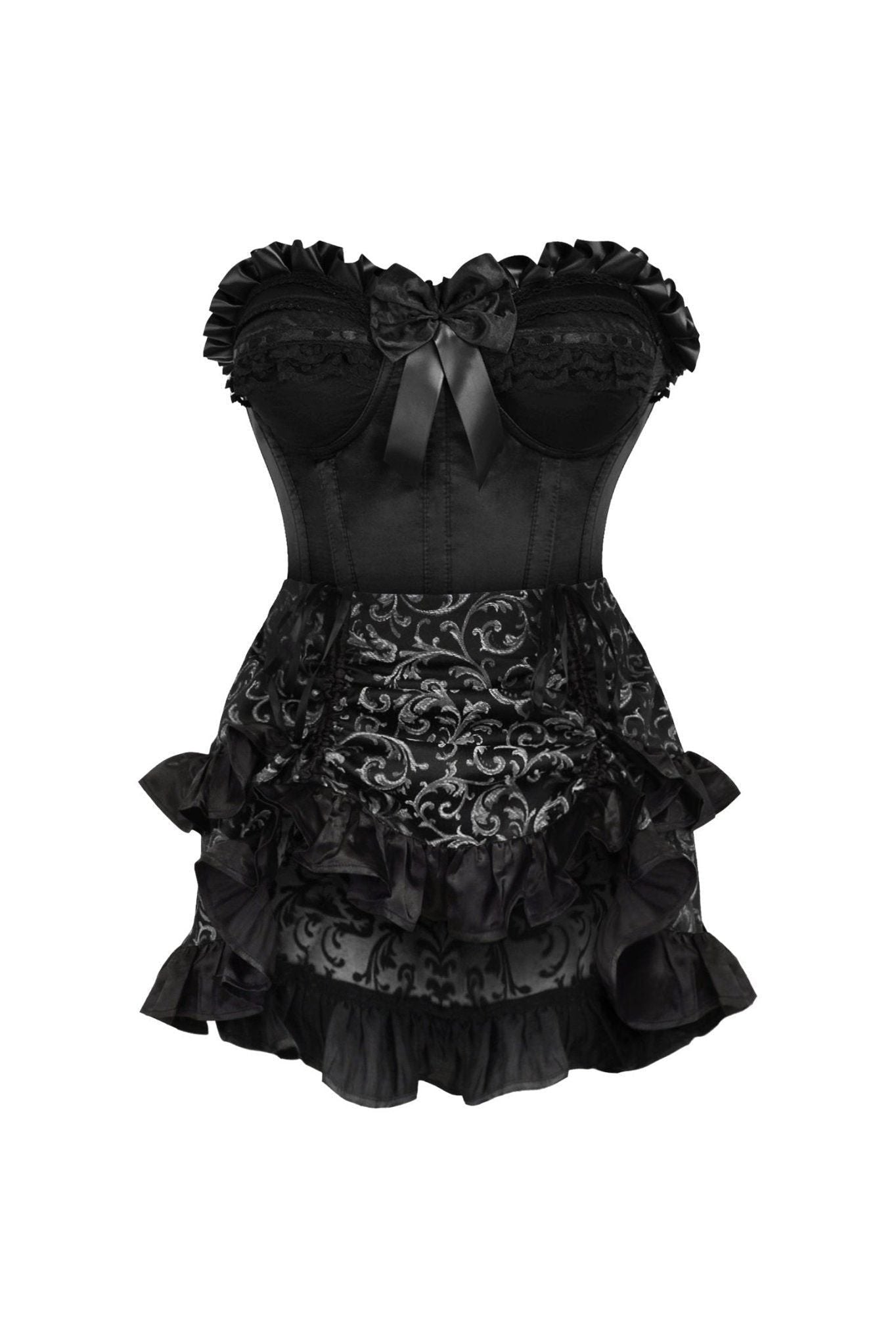 Top Drawer 2 PC Black Satin Steel Boned Burlesque Corset & Silver Brocade Skirt Set - Daisy Corsets