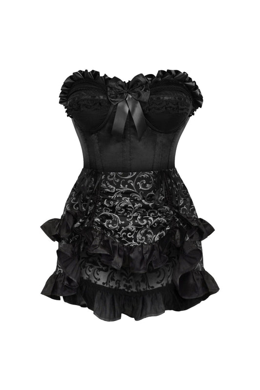 Top Drawer 2 PC Black Satin Steel Boned Burlesque Corset & Silver Brocade Skirt Set - Daisy Corsets