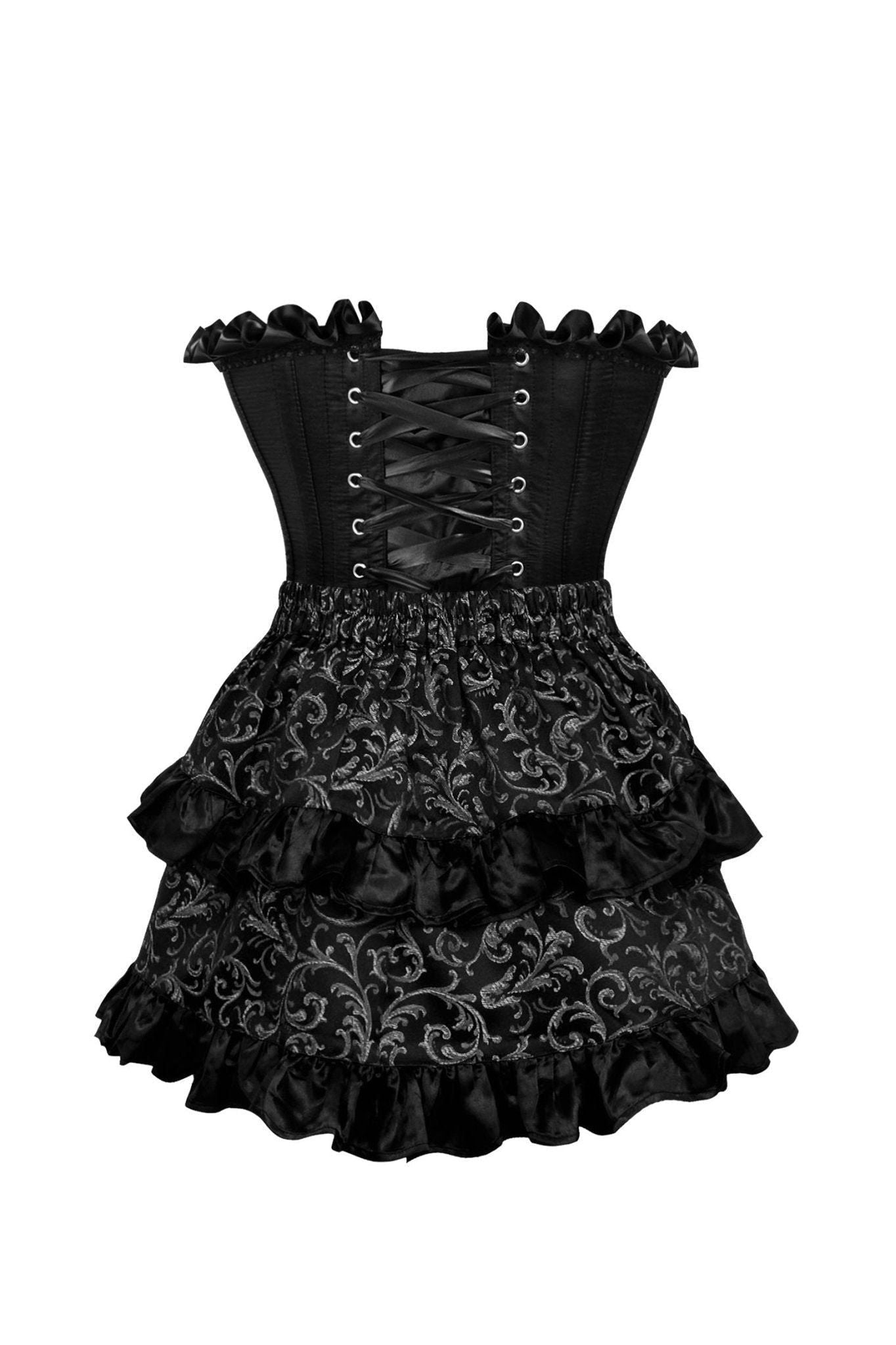 Top Drawer 2 PC Black Satin Steel Boned Burlesque Corset & Silver Brocade Skirt Set - Daisy Corsets