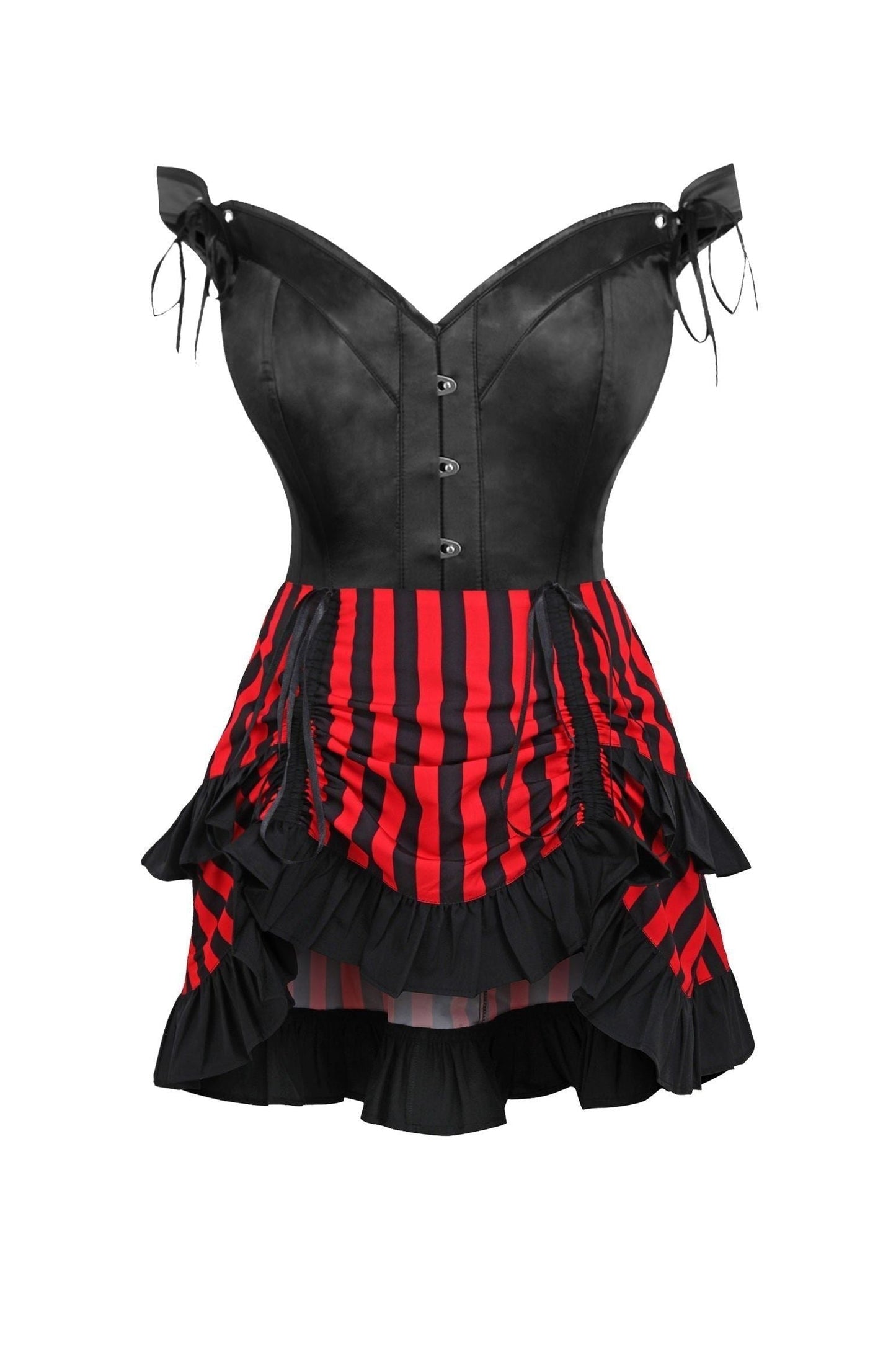 Top Drawer 2 PC Black Satin Steel Boned Corset w/Straps & Striped Skirt Set - Daisy Corsets