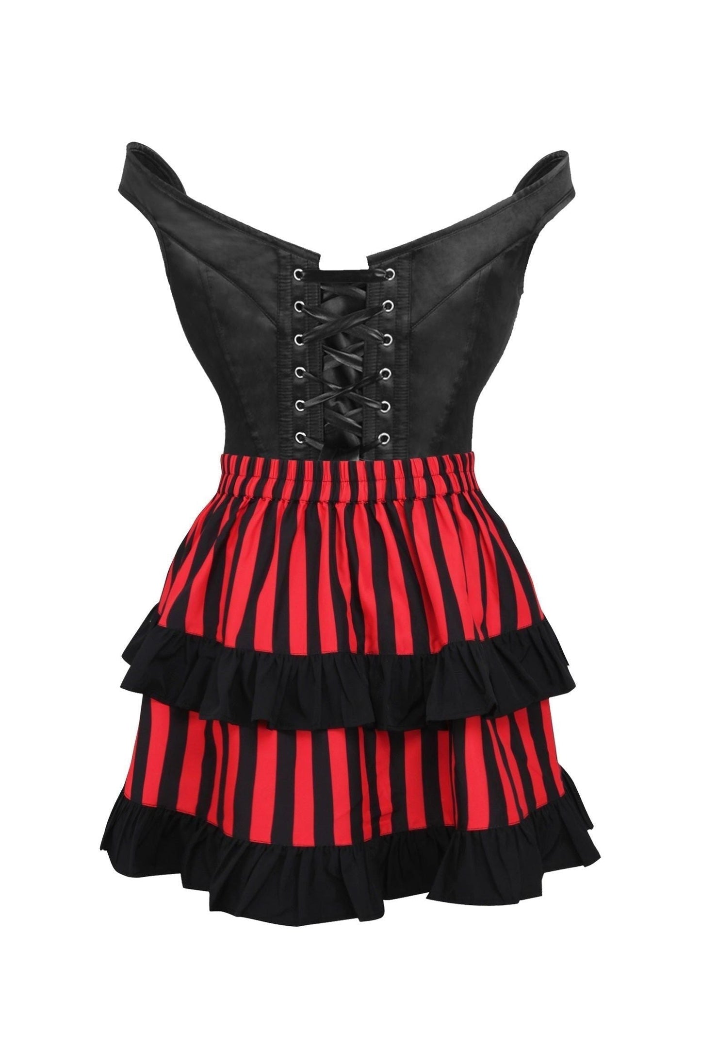 Top Drawer 2 PC Black Satin Steel Boned Corset w/Straps & Striped Skirt Set - Daisy Corsets