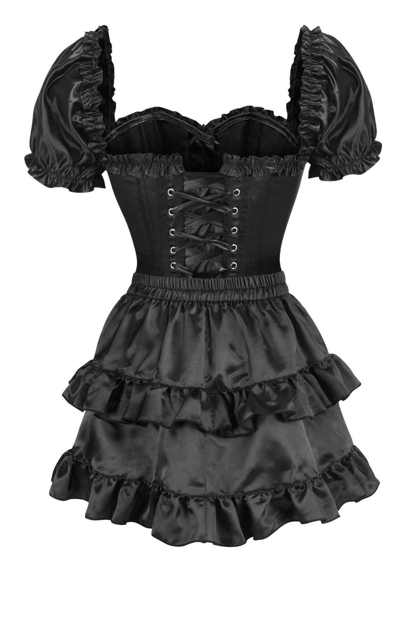 Top Drawer 2 PC Black Satin Steel Boned Overbust Corset w/Sleeves & Satin Skirt Set - Daisy Corsets