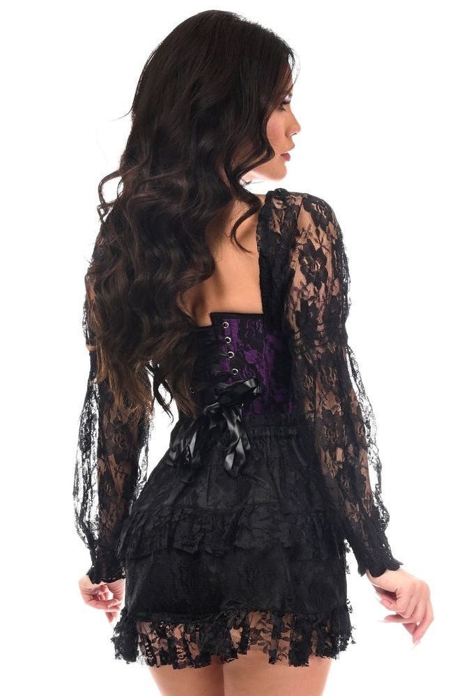 Top Drawer 2 PC Black/Purple Lace Steel Boned Corset & Skirt Set - Daisy Corsets