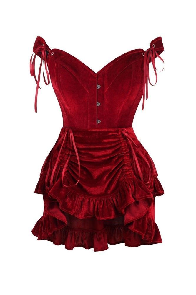 Top Drawer 2 PC Dark Red Velvet Steel Boned Corset & Skirt Set - Daisy Corsets