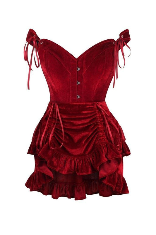 Top Drawer 2 PC Dark Red Velvet Steel Boned Corset & Skirt Set - Daisy Corsets