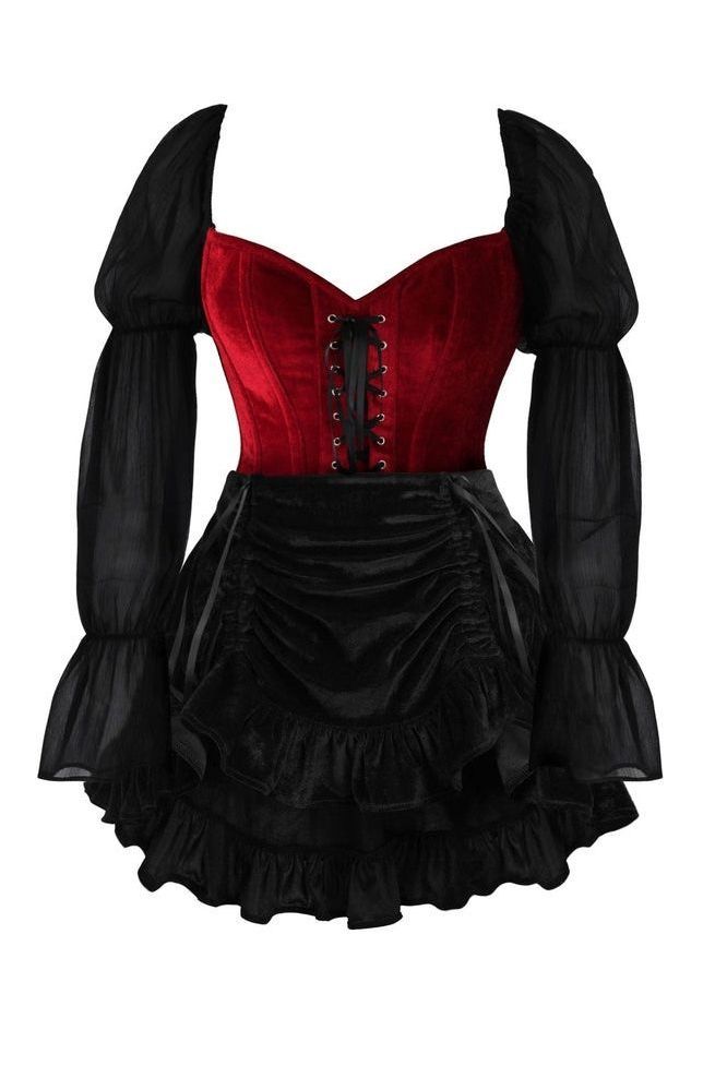 Top Drawer 2 PC Dark Red Velvet Steel Boned Corset w/Sleeves & Skirt Set - Daisy Corsets