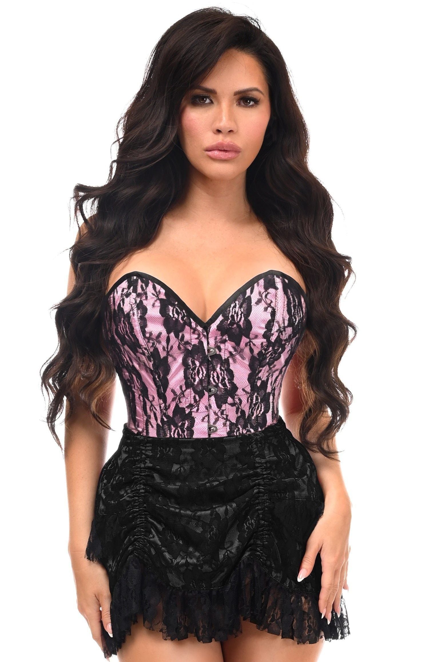 Top Drawer 2 PC Pink/Black Lace Steel Boned Corset & Skirt Set - Daisy Corsets