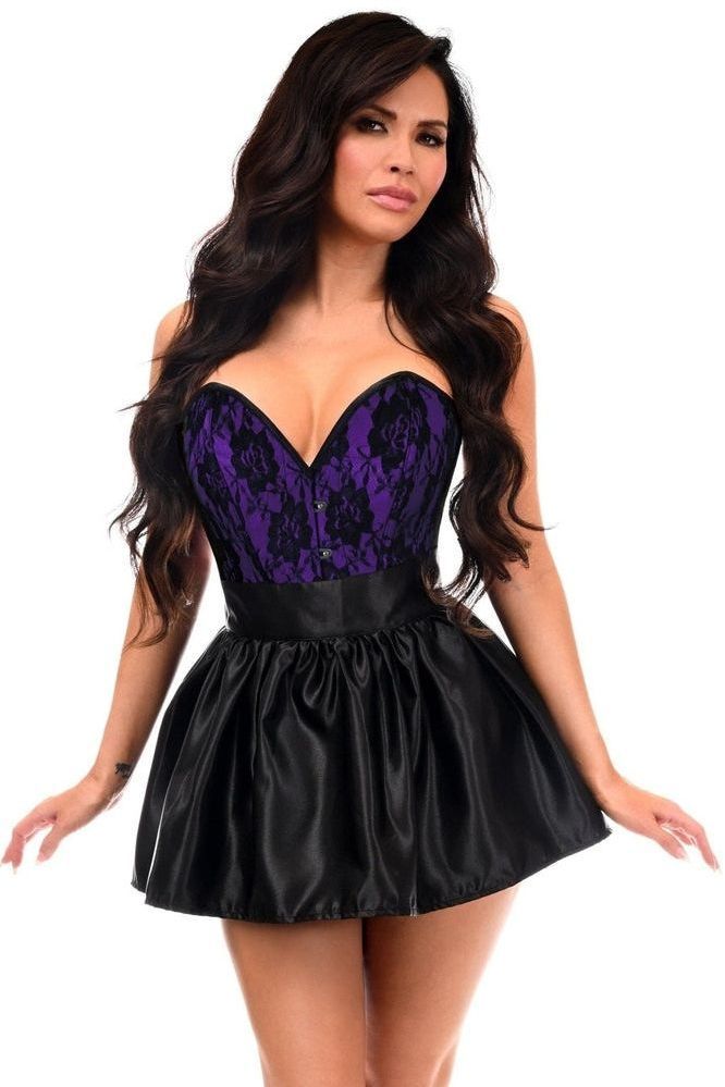 Top Drawer 2 PC Purple/Black Lace Steel Boned Corset & Satin Skirt Set - Daisy Corsets