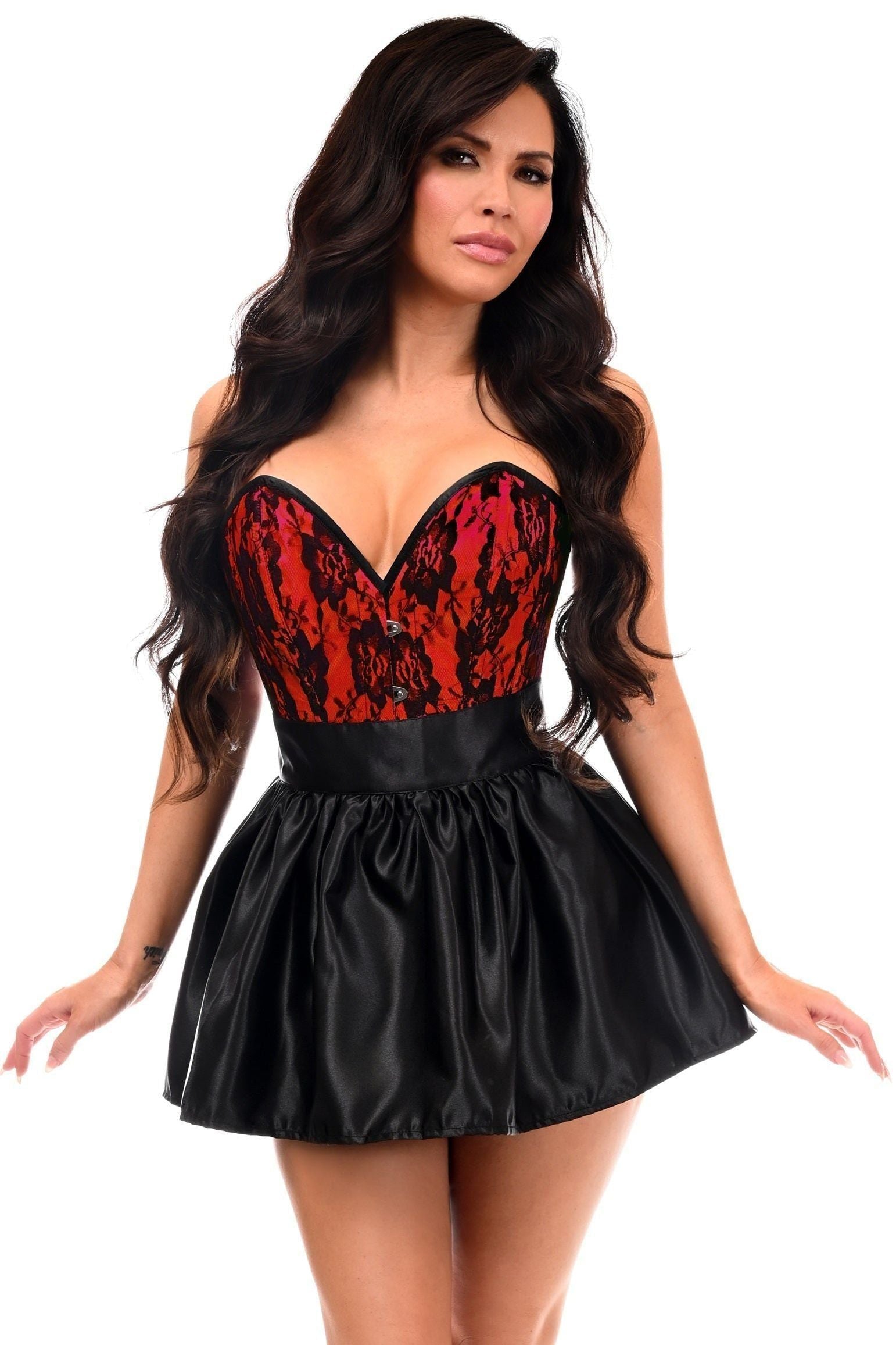 Top Drawer 2 PC Red Lace Steel Boned Corset & Satin Skirt Set - Daisy Corsets
