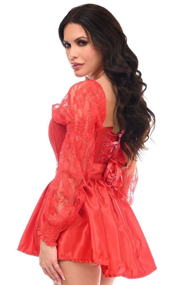 Top Drawer 2 PC Red Lace Steel Boned Corset & Satin Skirt Set - Daisy Corsets