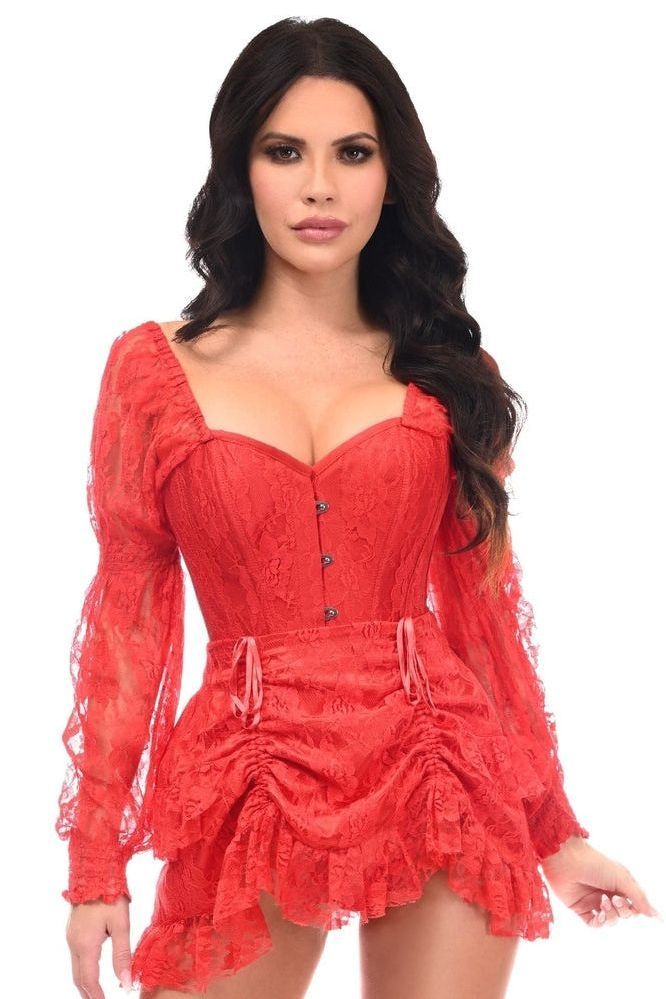 Top Drawer 2 PC Red Lace Steel Boned Corset & Skirt Set - Daisy Corsets
