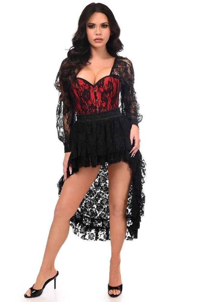 Top Drawer 2 PC Red/Black Lace Steel Boned Corset & Lace Skirt Set - Daisy Corsets
