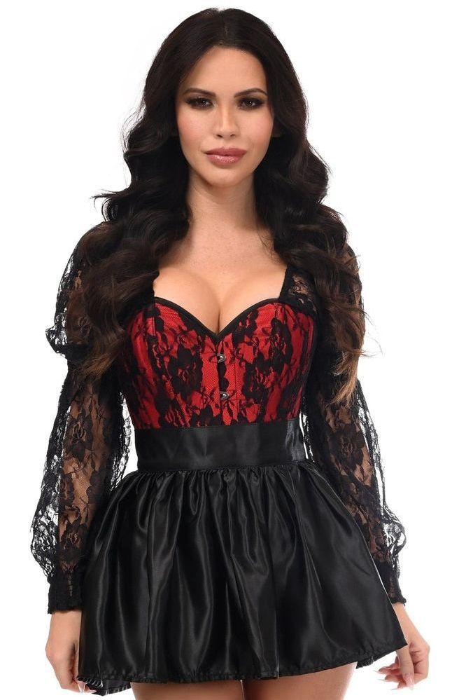 Top Drawer 2 PC Red/Black Lace Steel Boned Corset & Satin Skirt Set - Daisy Corsets