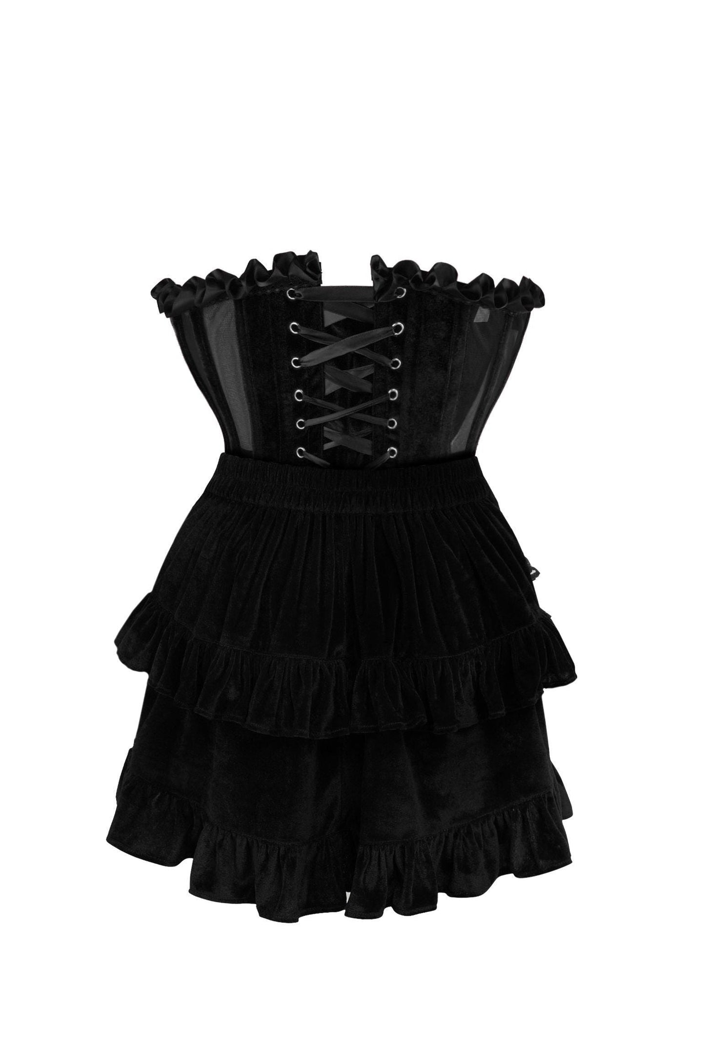 Top Drawer 2 PC Steel Boned Black Mesh & Velvet Underwire Bustier Corset & Skirt Set - Daisy Corsets