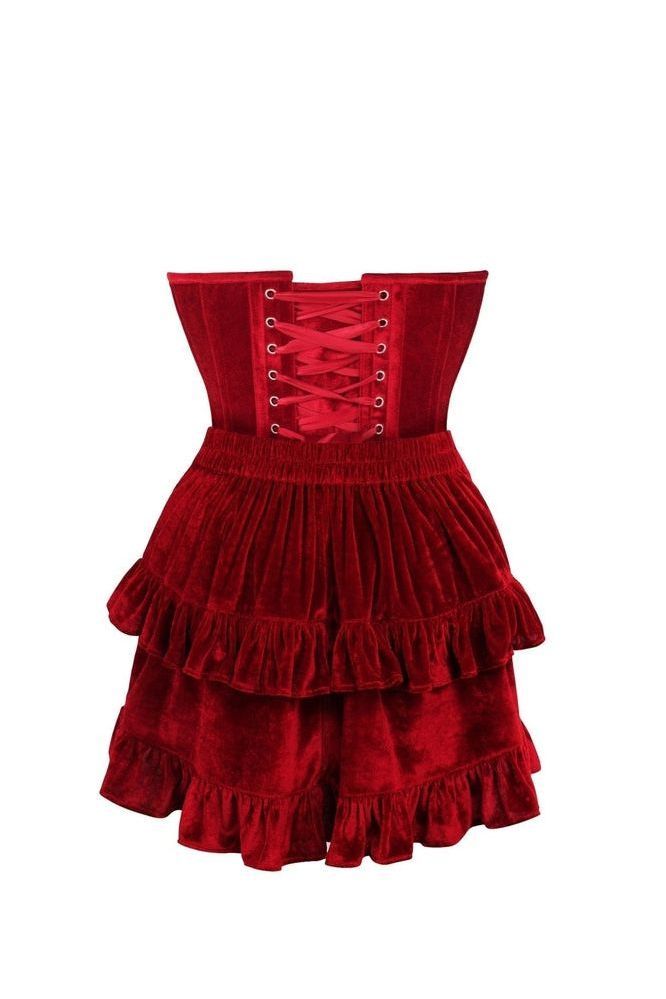 Top Drawer 2 PC Steel Boned Dark Red Velvet Plunge Corset & Skirt Set - Daisy Corsets