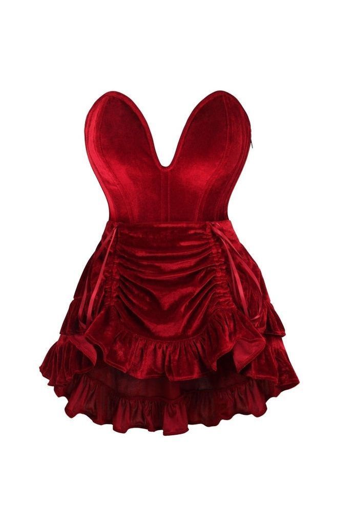 Top Drawer 2 PC Steel Boned Dark Red Velvet Plunge Corset & Skirt Set - Daisy Corsets