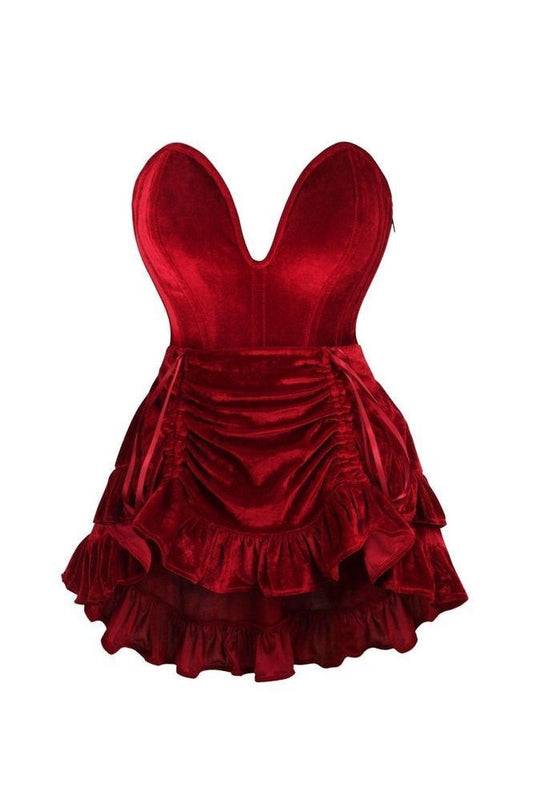 Top Drawer 2 PC Steel Boned Dark Red Velvet Plunge Corset & Skirt Set - Daisy Corsets