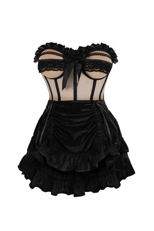 Top Drawer 2 PC Steel Boned Nude & Black Mesh Underwire Bustier Corset & Skirt Set - Daisy Corsets