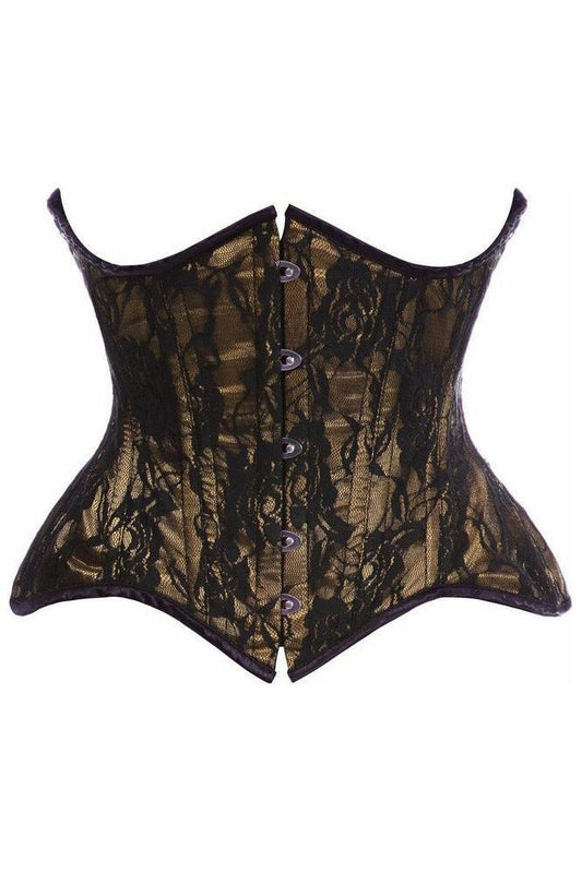 Top Drawer Beige w/Black Lace Double Steel Boned Curvy Cut Waist Cincher Corset - Daisy Corsets