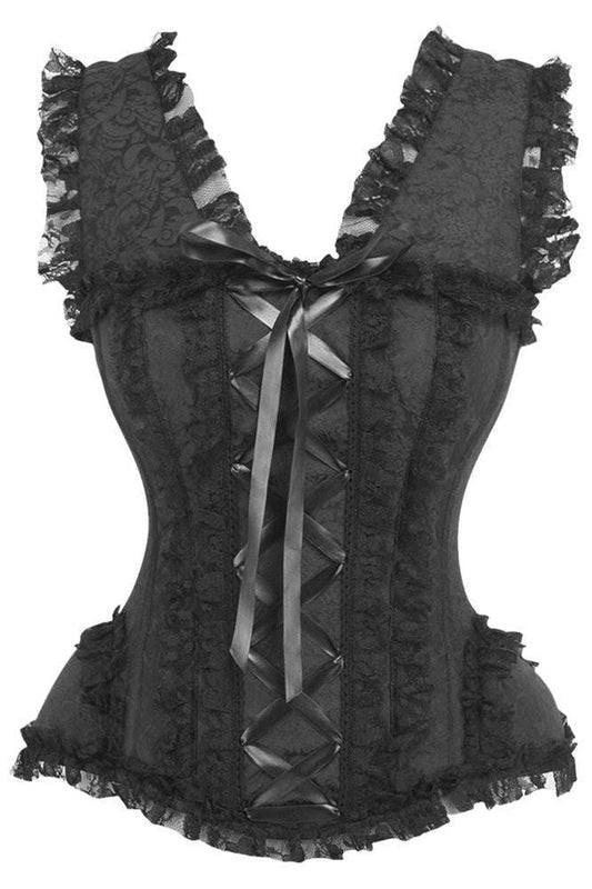 Top Drawer Black Brocade & Lace Steel Boned Corset w/Cap Sleeves - Daisy Corsets